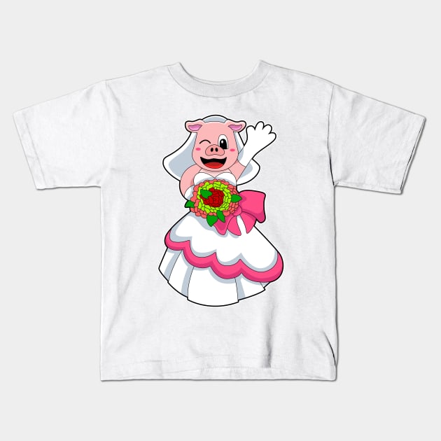 Pig with Wedding dress & Bunch of Flowers Kids T-Shirt by Markus Schnabel